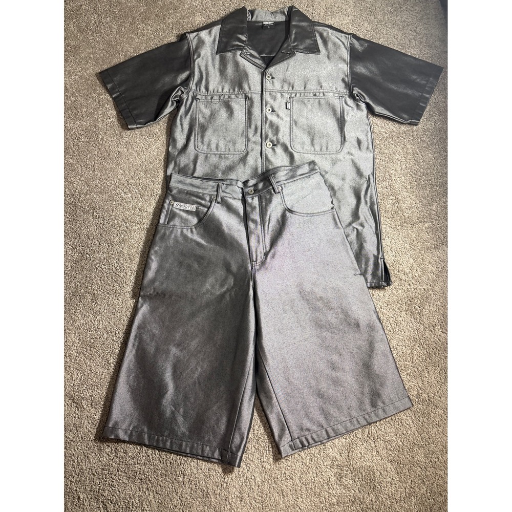 Delf Jean Mens Silver Metallic 2 Piece Set Shirt and Shorts Grey Streetwear L